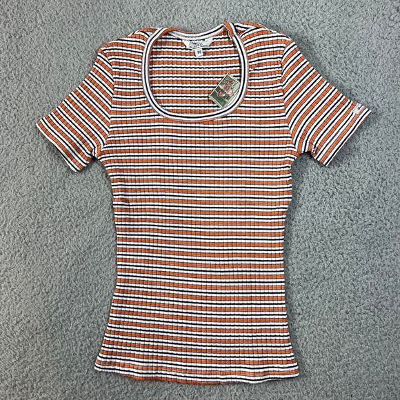 Guess Tops - Guess Jeans T-Shirt Juniors M Orange Navy Striped Ribbed Scoop Neck USA VTG NWT